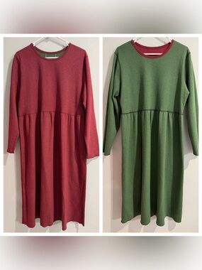 The Vermont Country Store Reversible Midi Dress Long Sleeve Burgundy Green sze L
